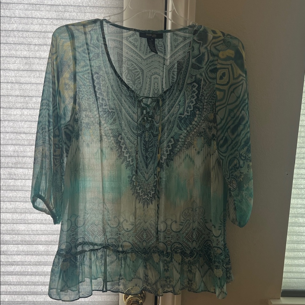 Style & Co. Teal and Cream Sheer Paisley Lace-Up Peasant Blouse